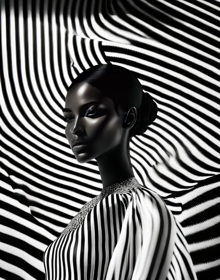 Monochromatic portrait of woman with bold makeup and striped optical illusion background