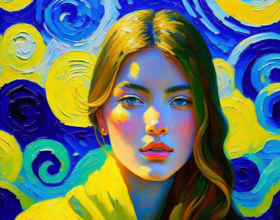 Vibrant portrait of woman with flowing hair against swirling blue and yellow backdrop