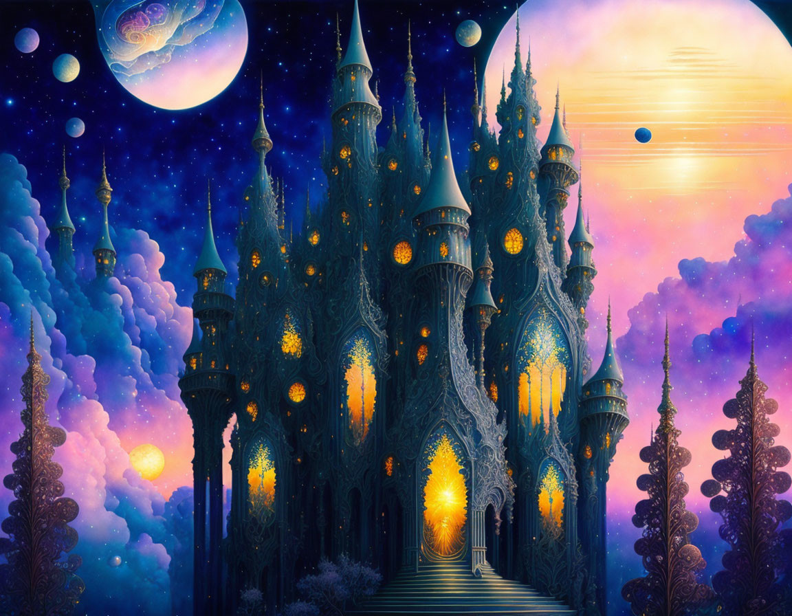 Enchanting castle with glowing windows under starry sky, two moons, planets, and radiant sunset