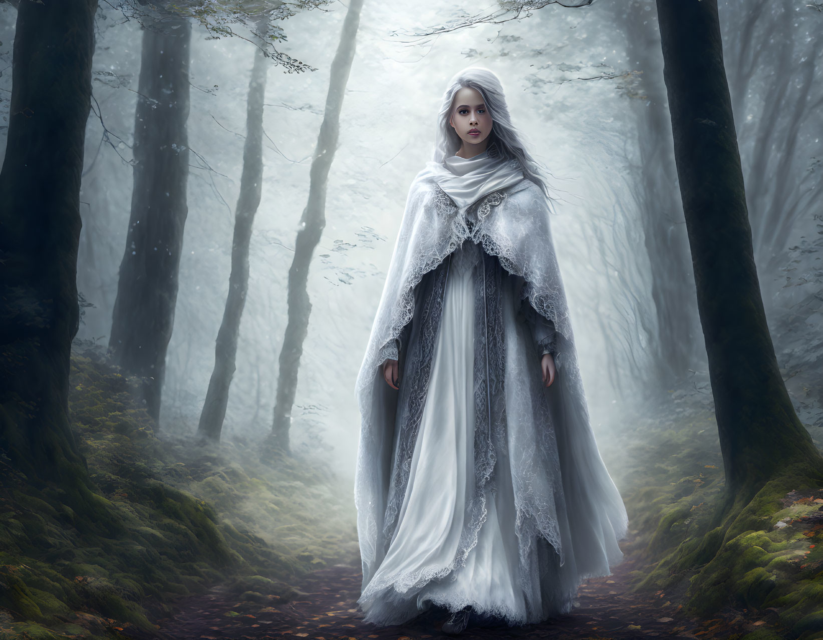 Mystical figure in white and grey robes in foggy enchanted forest