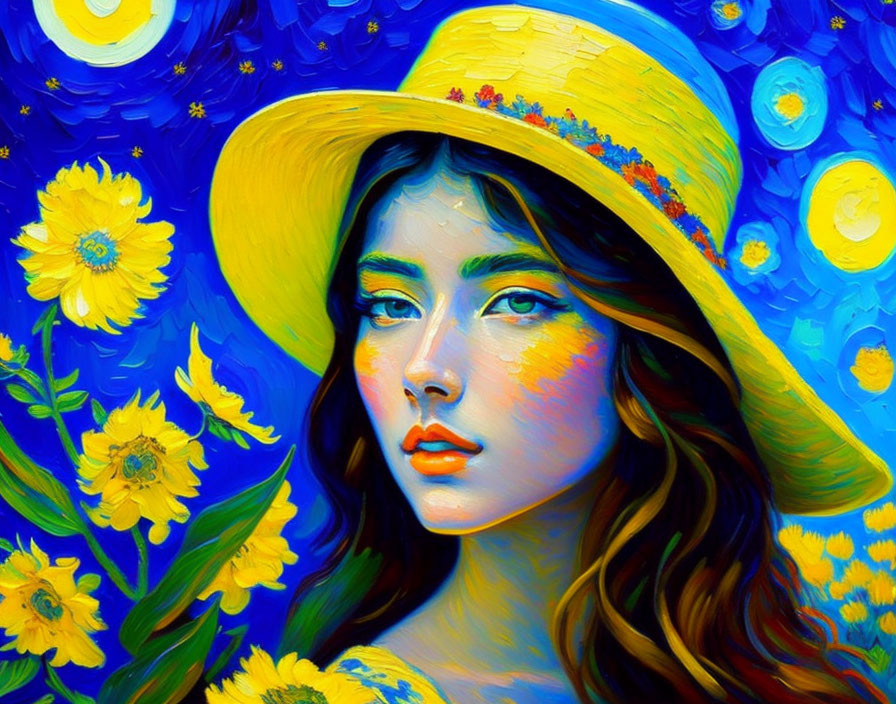 Stylized portrait of woman in yellow hat among flowers on blue Van Gogh-inspired backdrop