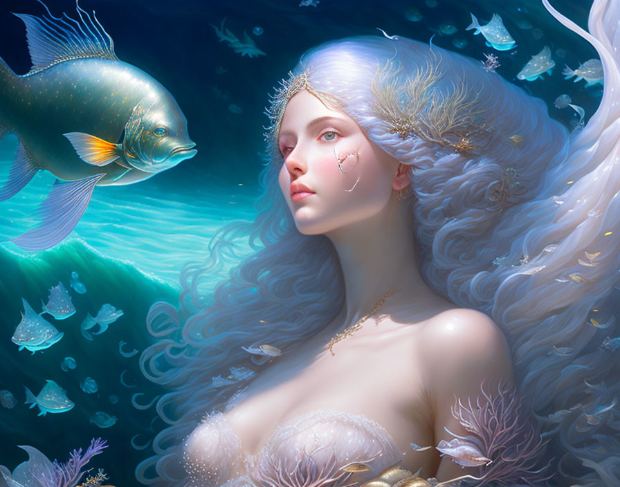 Ethereal woman with white hair submerged with fish and jellyfish