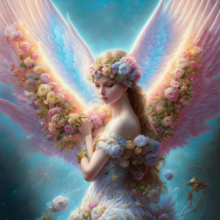 Ethereal angelic figure with white wings and floral crown among celestial backdrop