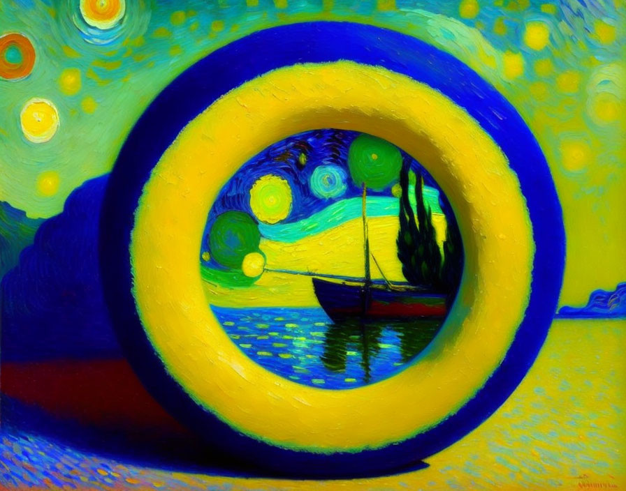 Colorful Painting Blending Starry Night with Seascape in Concentric Circles