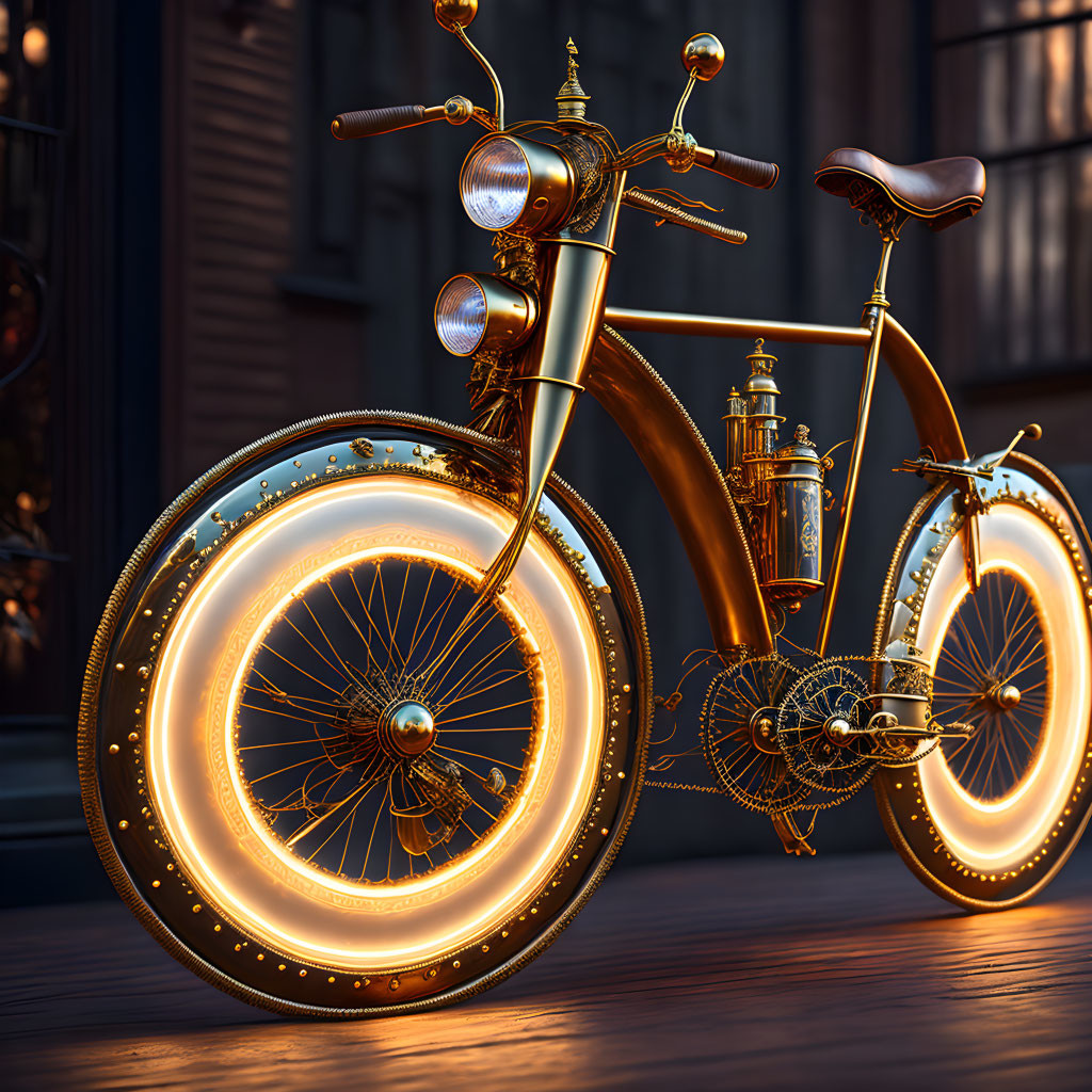 Steampunk-Inspired Bicycle with Brass Details on Cobblestone Street