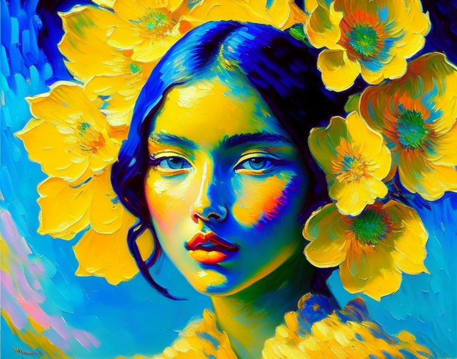 Colorful portrait of a woman with blue skin and yellow flowers on blue background