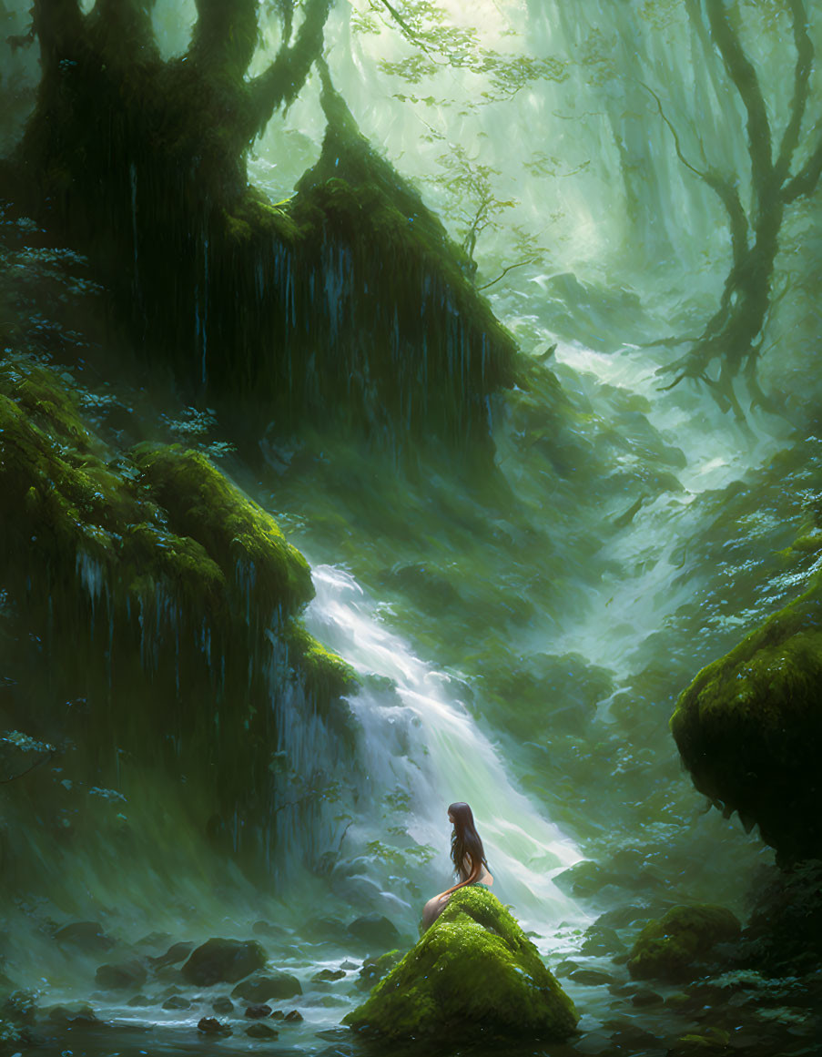 Person sitting among cascading waterfalls in lush green forest