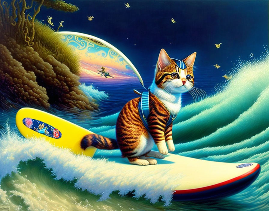 Tabby cat on surfboard under starry sky with crescent moon and coral.