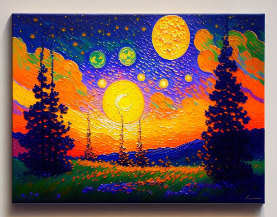 Colorful Starry Sky Painting with Celestial Bodies and Silhouetted Trees