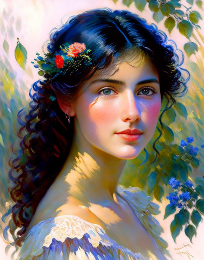 Portrait of young woman with dark curly hair and flowers, blue eyes, off-shoulder dress,