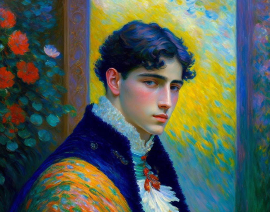 Young man with curly hair in traditional jacket against colorful background