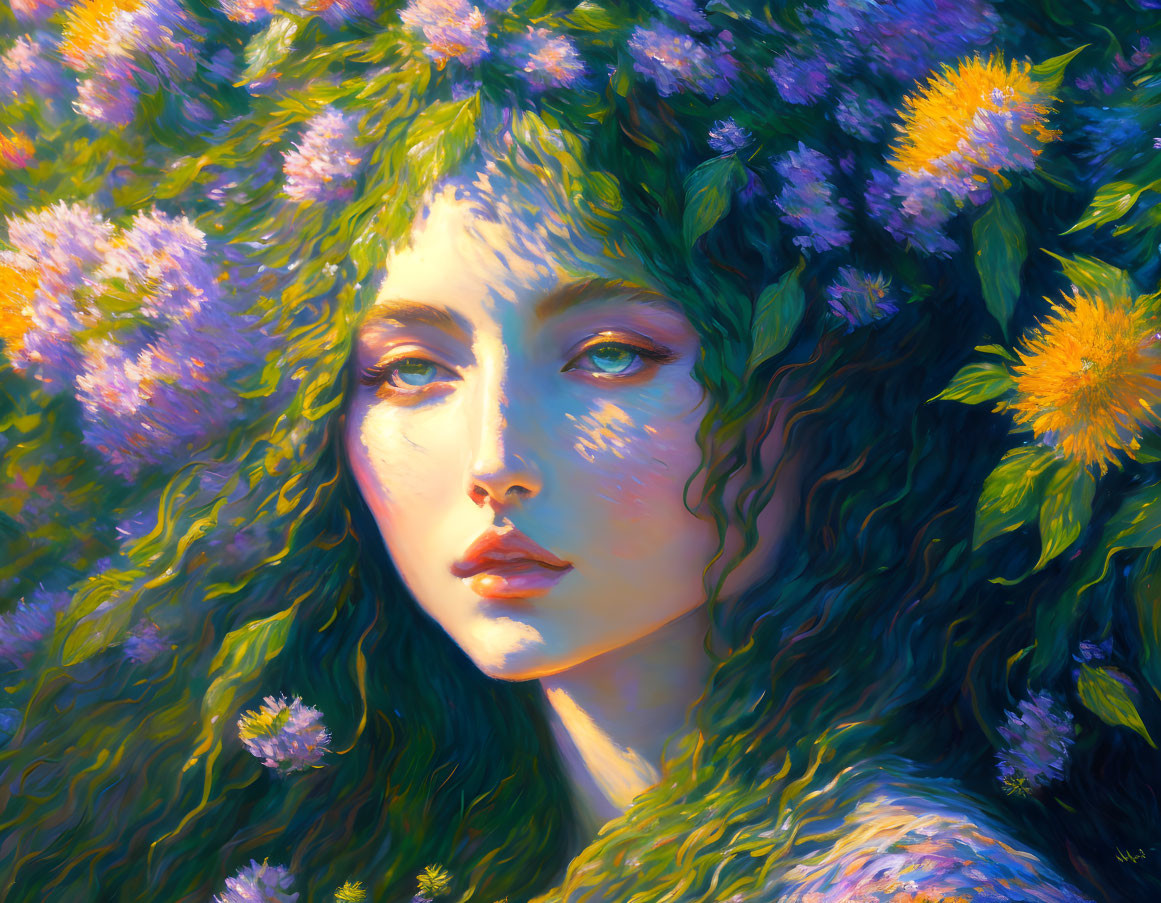 Woman portrait with flowers in lush green hair under golden sunlight