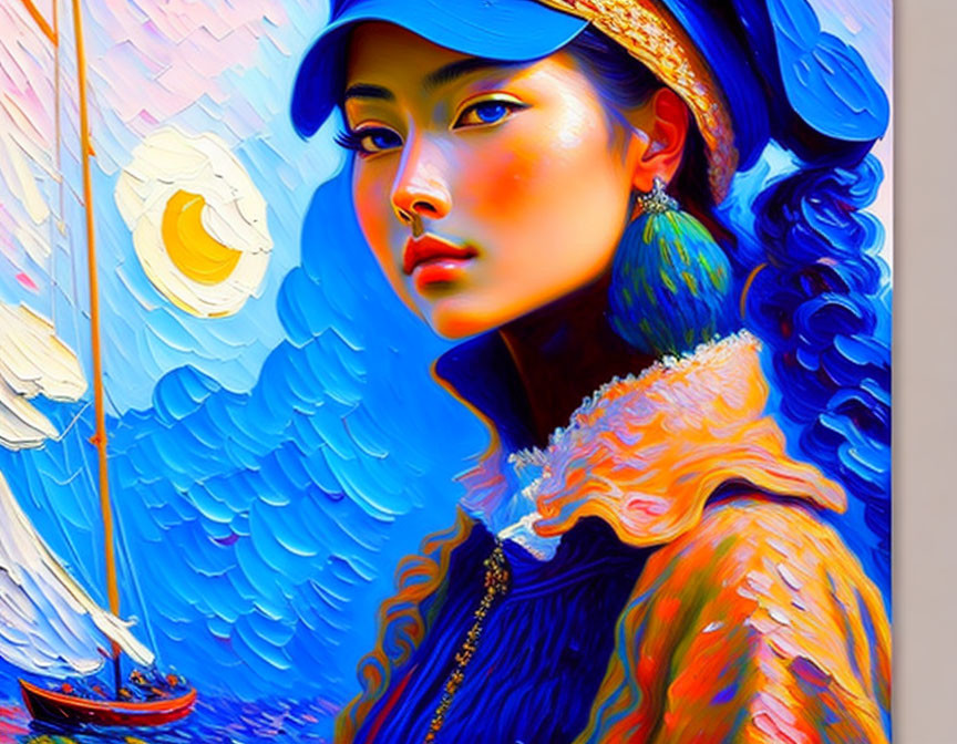 Striking blue-toned woman portrait with surreal sailboat background