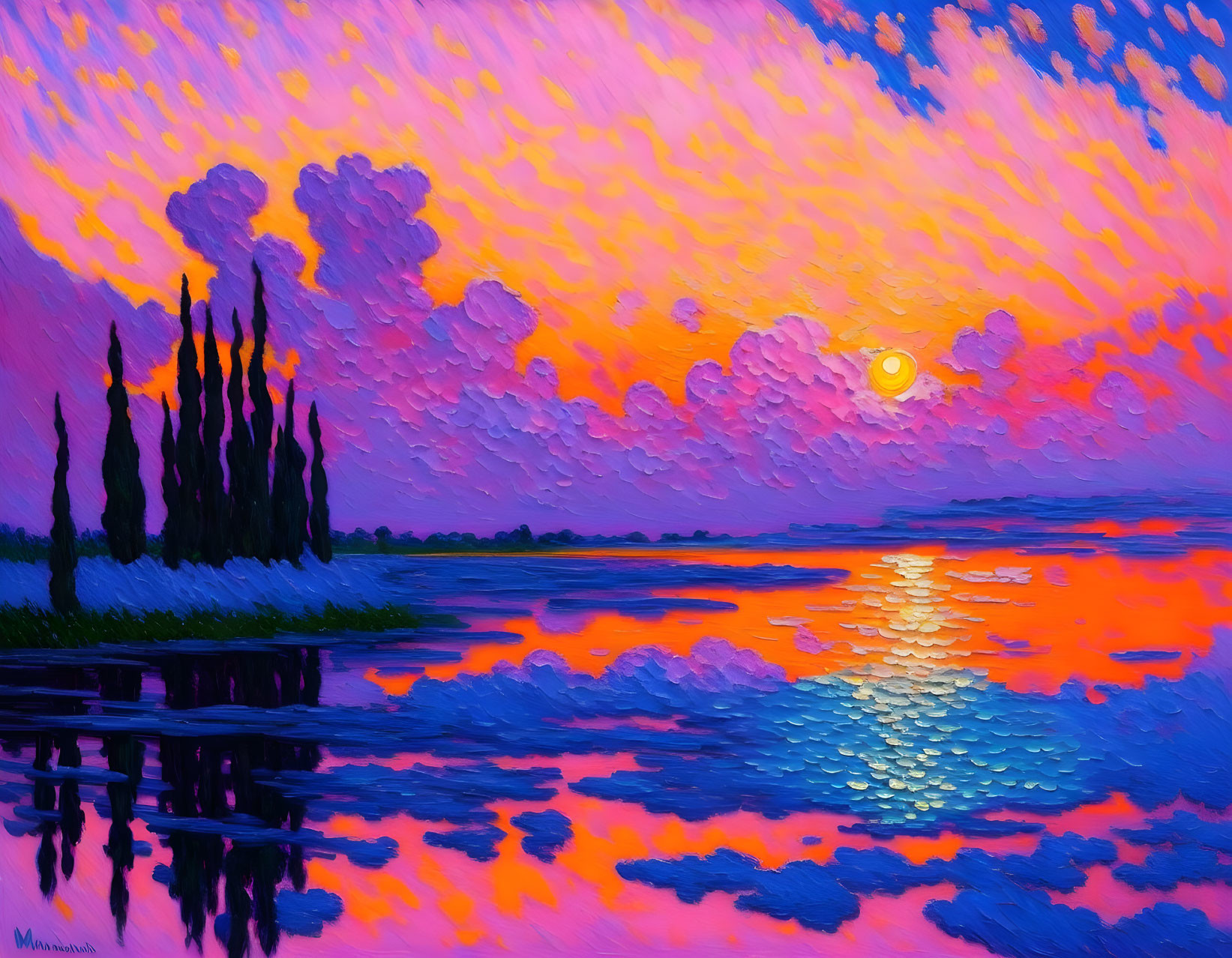 Colorful sunset painting with pink and purple clouds over a serene lake and silhouetted trees in