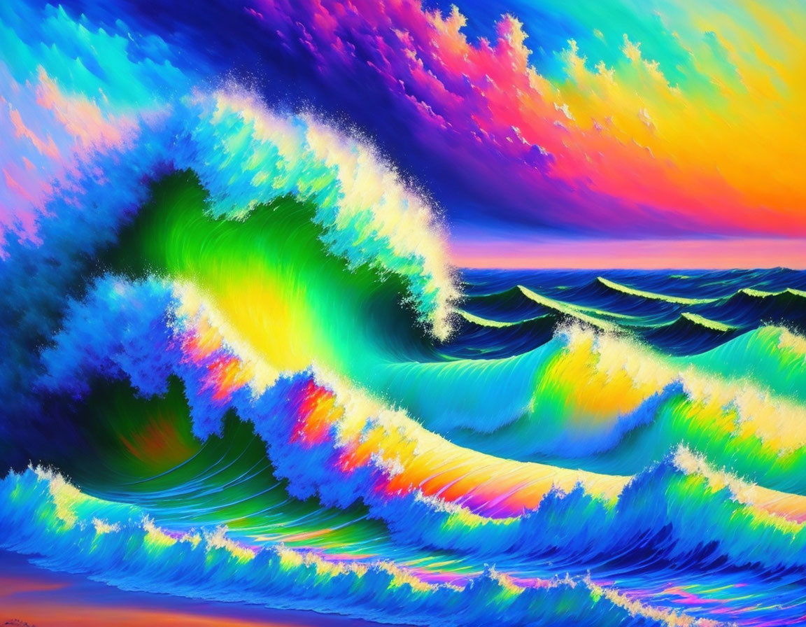 Multicolored digital painting of stylized ocean waves under colorful sky