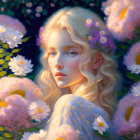 Blonde Woman Surrounded by Pink Flowers in Blue Background