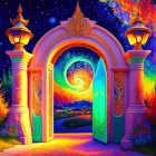 Colorful image of ornate gate under starry sky and lush flora.