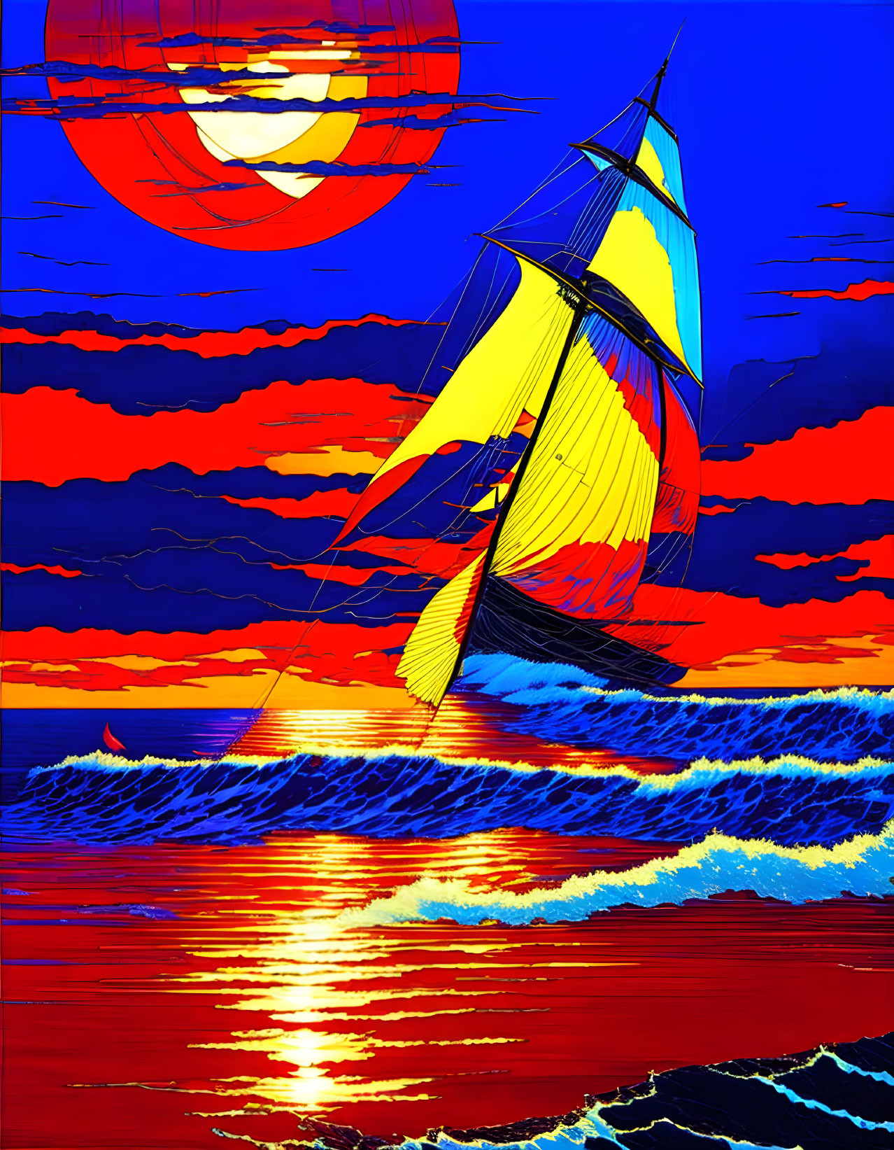 Colorful digital art of sailboat on sea at sunset with abstract waves under two-sun sky