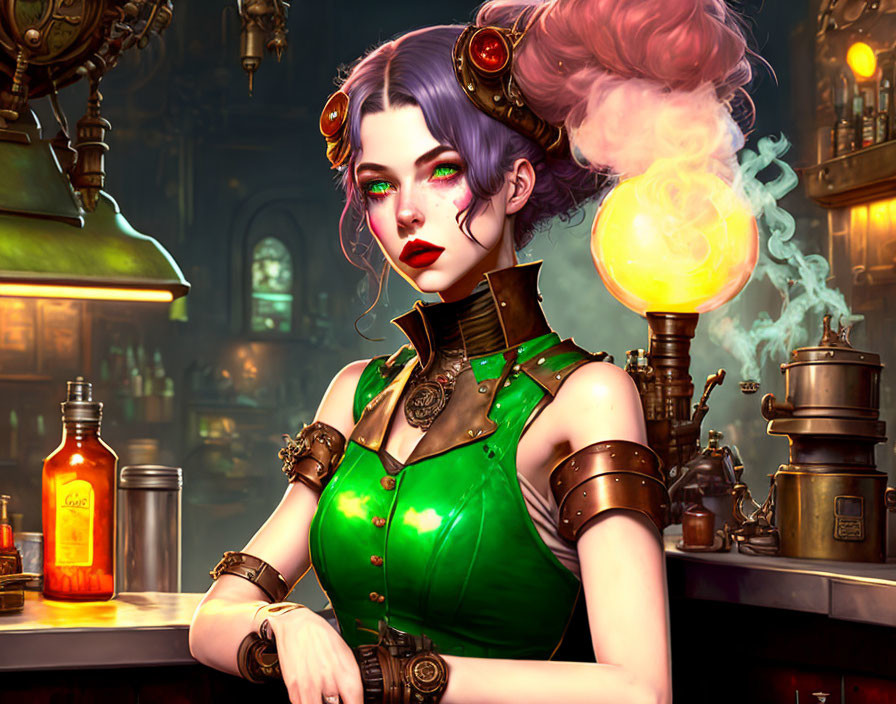 Steampunk woman illustration with purple hair and goggles sitting at potion-filled bar