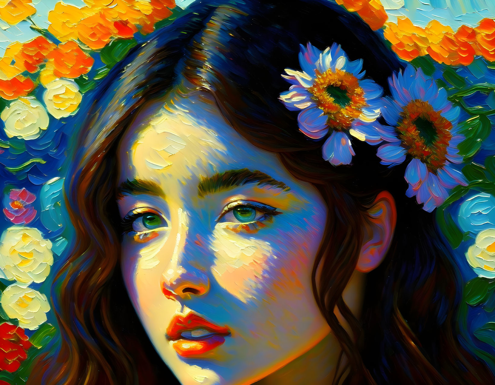 Vibrant floral background with young woman and flowers