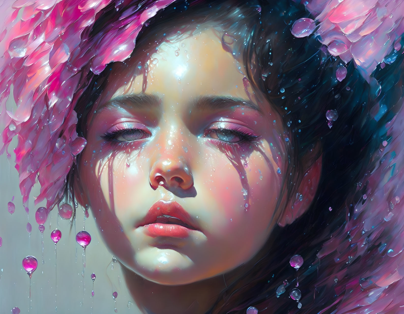 Detailed close-up digital painting of young girl with pink petals and water droplets.