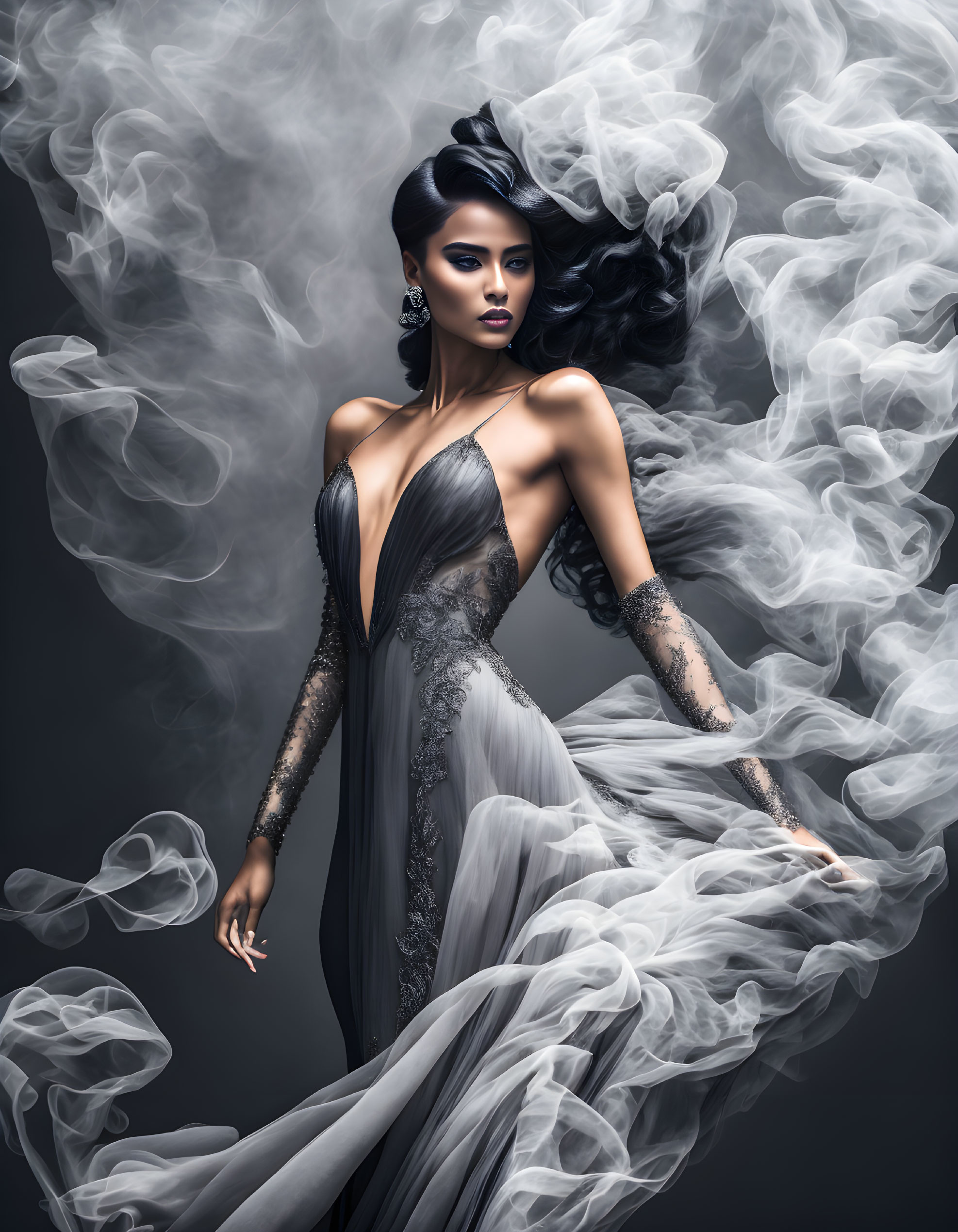 Elegant woman in grey dress with lace sleeves surrounded by smoke on dark background