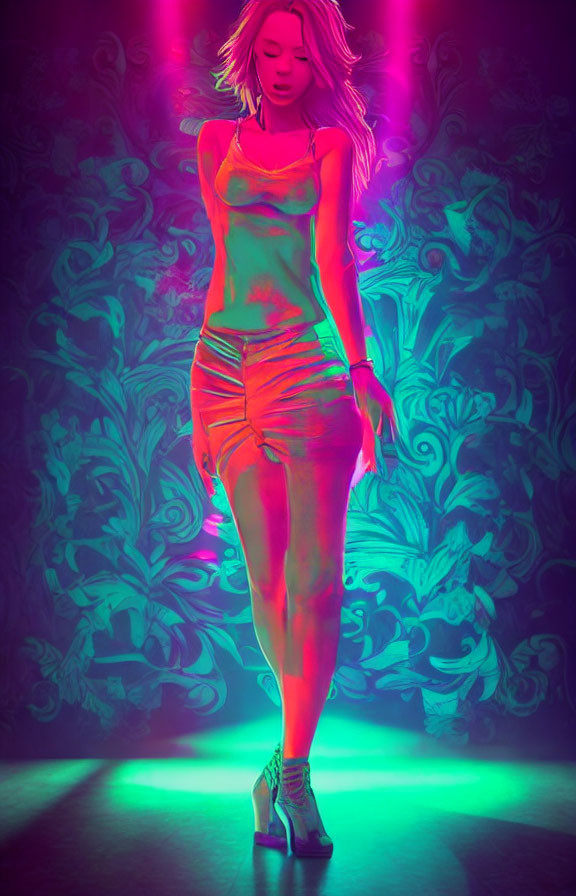 Stylized image of person with flowing hair in neon-lit room