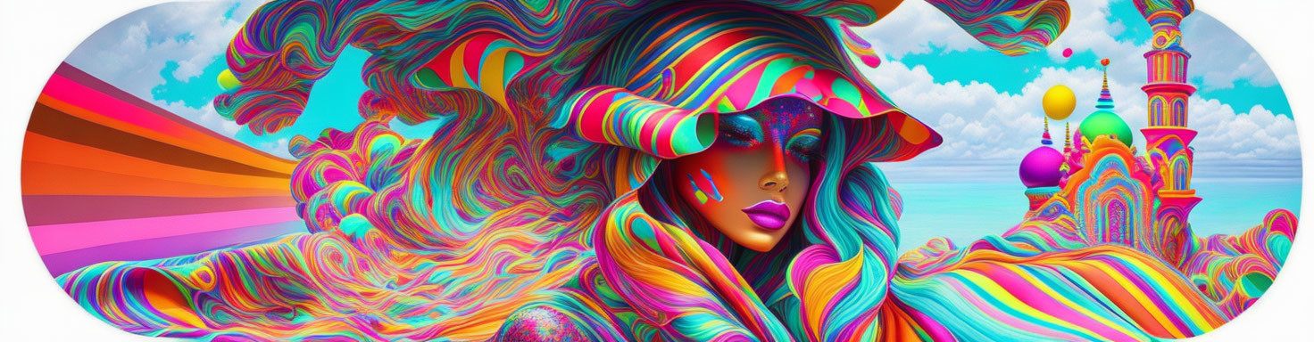 Colorful digital artwork: Woman with vibrant hair in surreal landscape