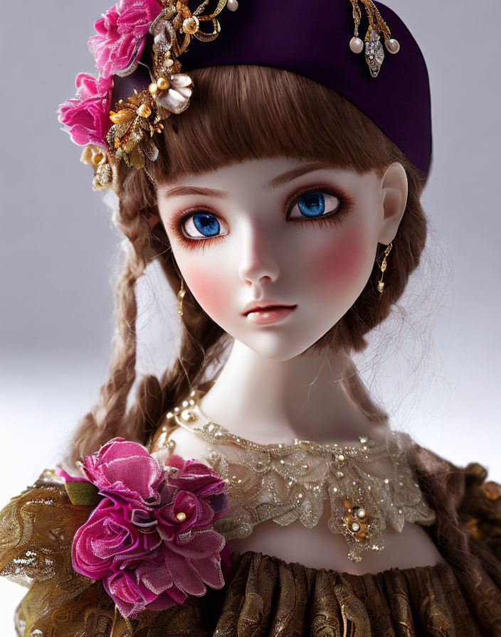 Blue-eyed doll in purple hat with pink flowers, golden beads, brown lace dress.