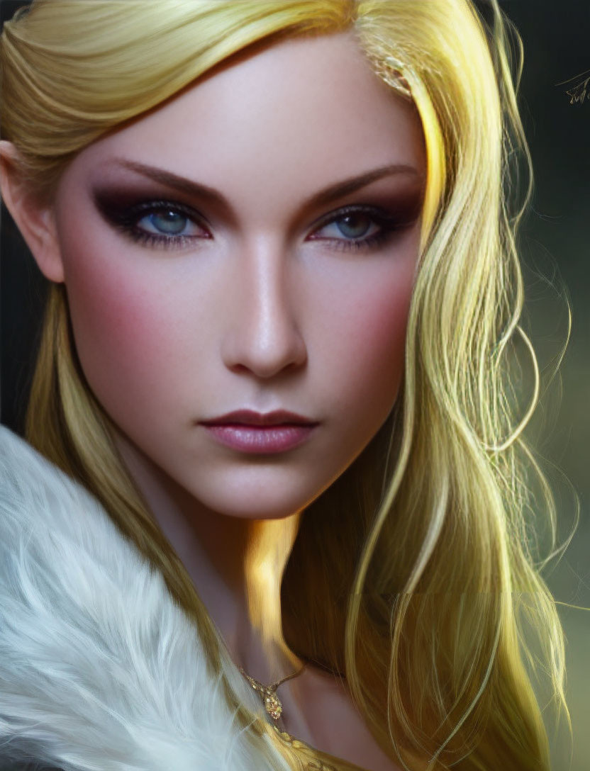 Portrait of a woman with blue eyes, blonde hair, and white fur collar in fantasy setting