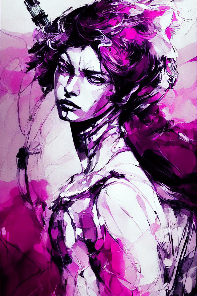 Colorful character art with purple and pink hues and futuristic style.