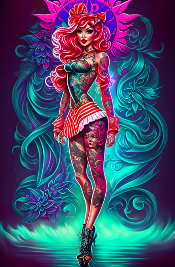 Colorful Tattooed Woman with Pink Hair and Floral Skull Tattoos