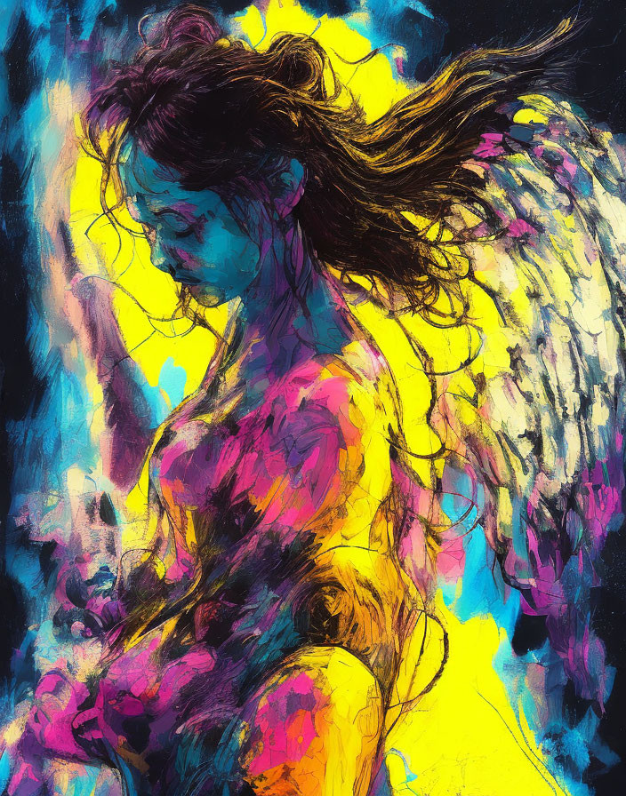 Colorful Abstract Painting: Winged Figure with Flowing Hair on Vibrant Yellow and Blue Background