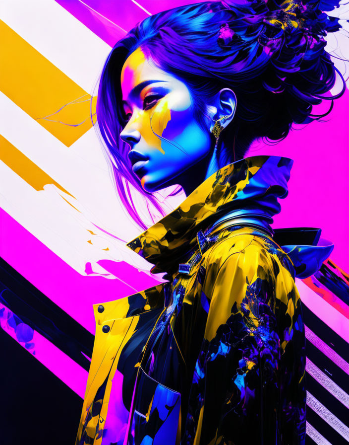 Colorful digital portrait of a woman in purple and yellow hues with abstract elements and futuristic attire