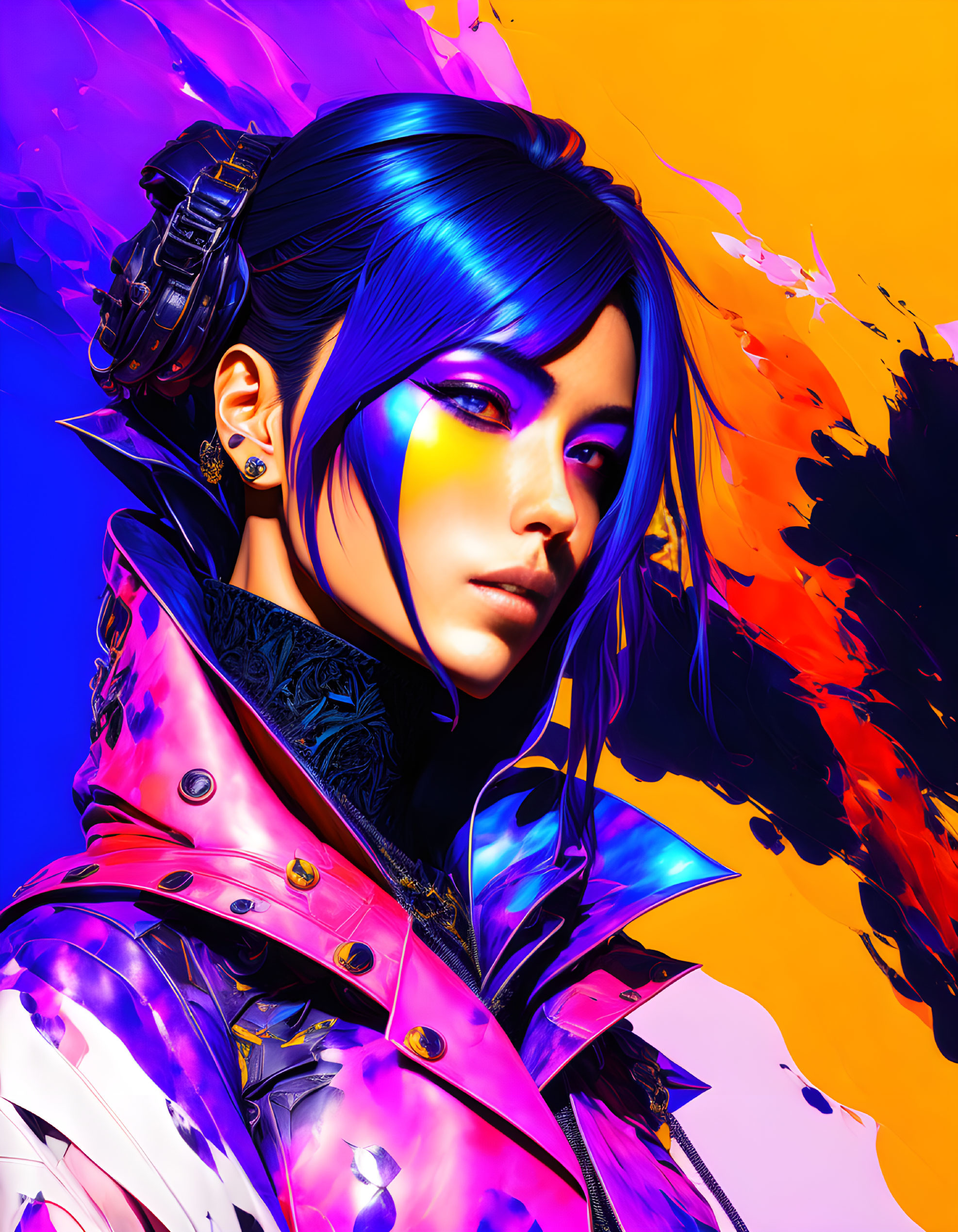 Colorful digital artwork: Woman with blue hair and purple eye shadow in futuristic attire on orange and blue