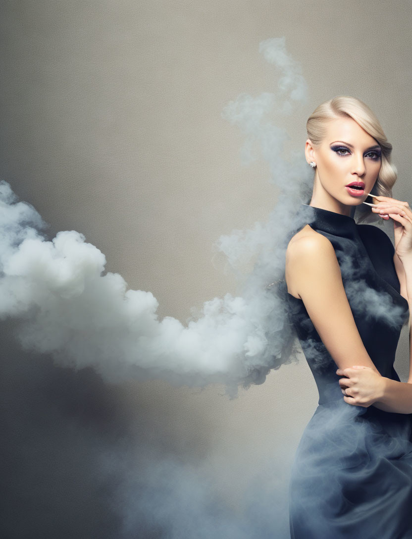 Blonde woman in dark clothes amidst white smoke on grey background