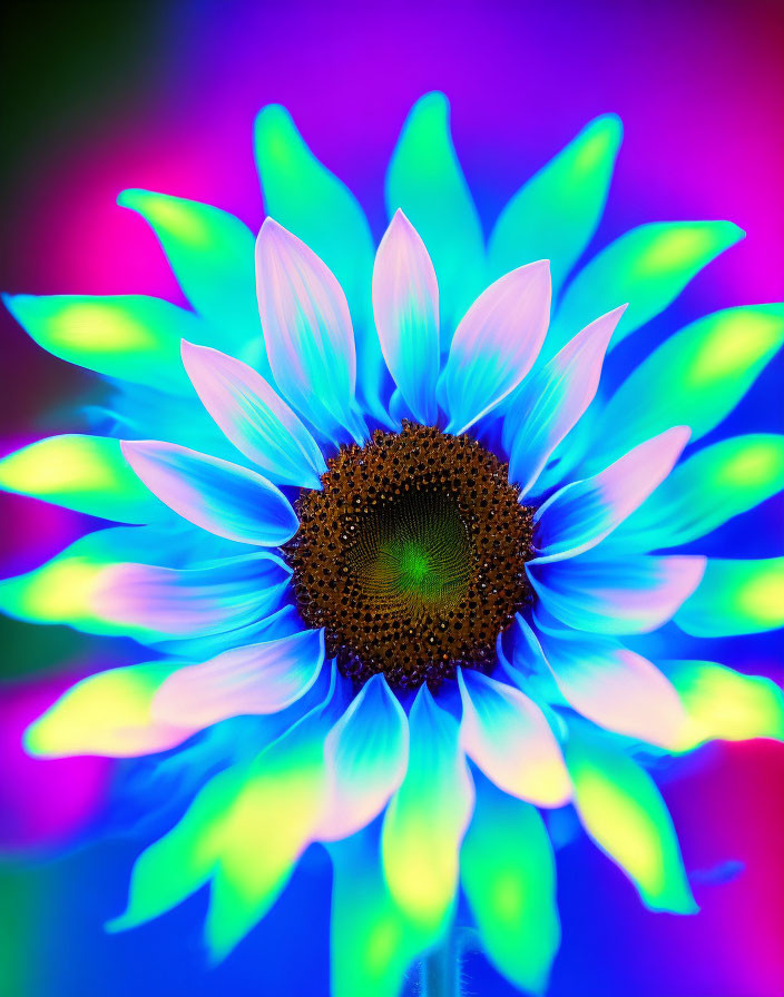 Colorful Sunflower with Neon Glow and Dark Center on Pink and Purple Background