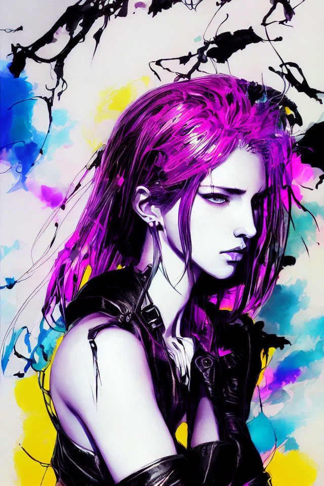 Vibrant Purple Hair Figure in Abstract Ink Splashes