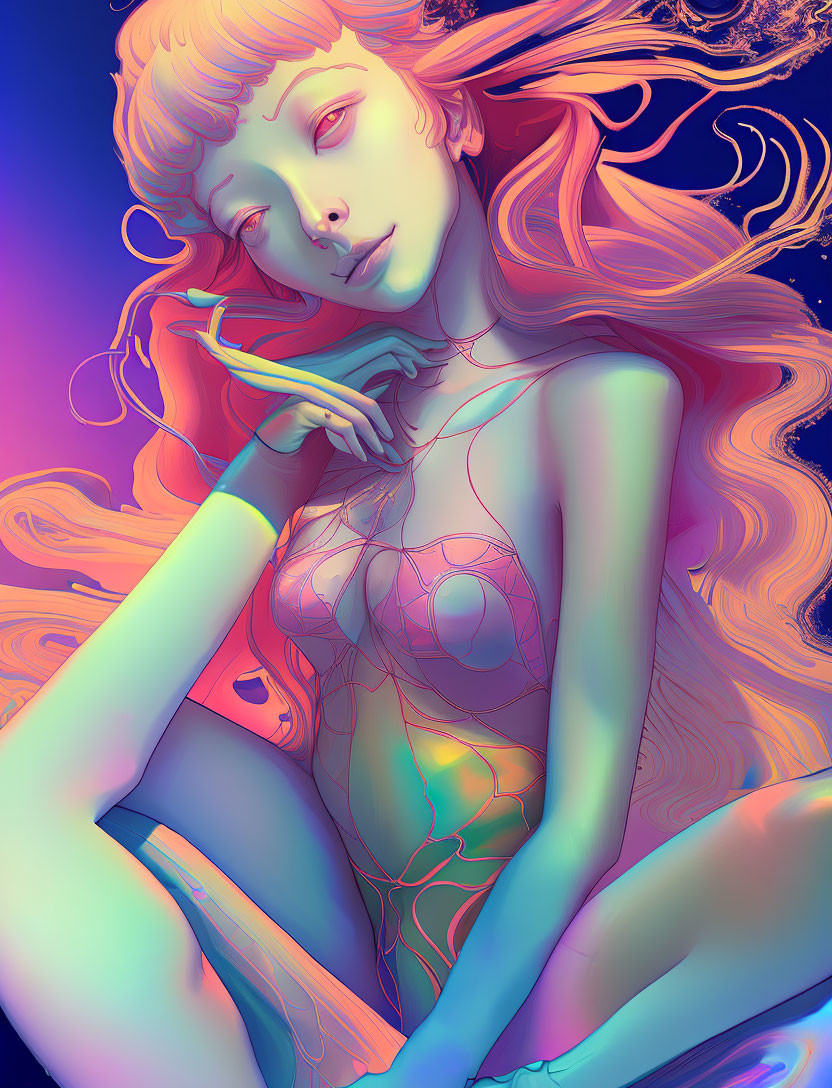 Colorful Stylized Female Figure with Flowing Hair and Intricate Patterns
