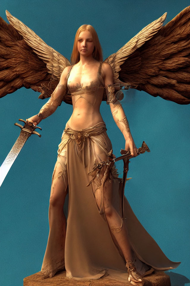 Female angel digital artwork with sword, wings, and armor on blue background