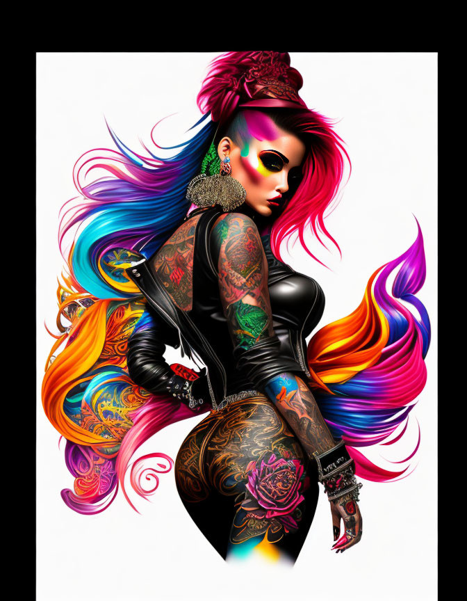 Colorful Mohawk Woman with Tattoos in Black Outfit