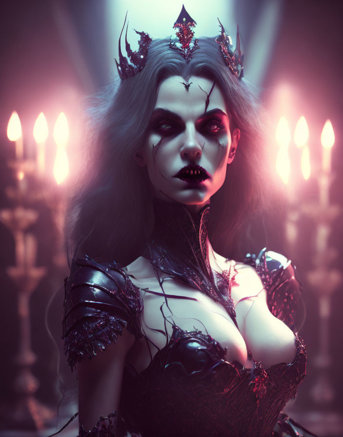 Gothic female figure with pale skin and crown in dramatic pose