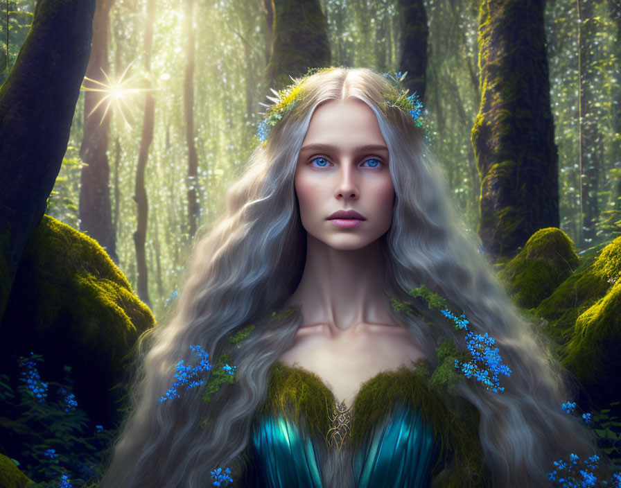 Long Grey-Haired Woman with Blue Flowers in Mystical Forest Setting