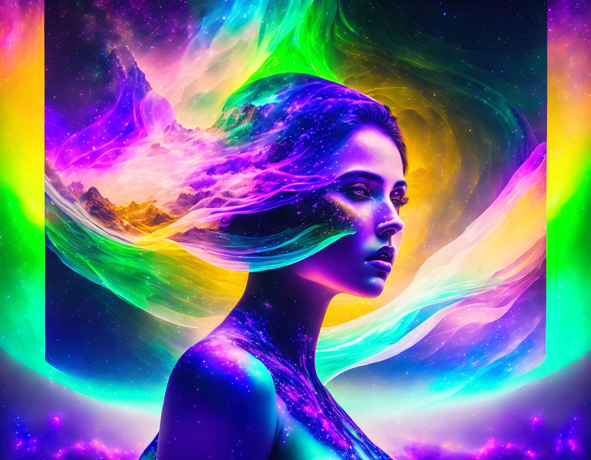 Colorful Cosmic Woman Silhouette with Nebula and Stars