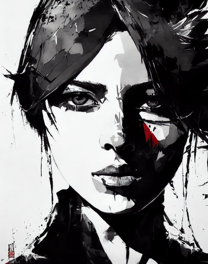 Monochrome portrait with sharp features and red splash, ink wash style