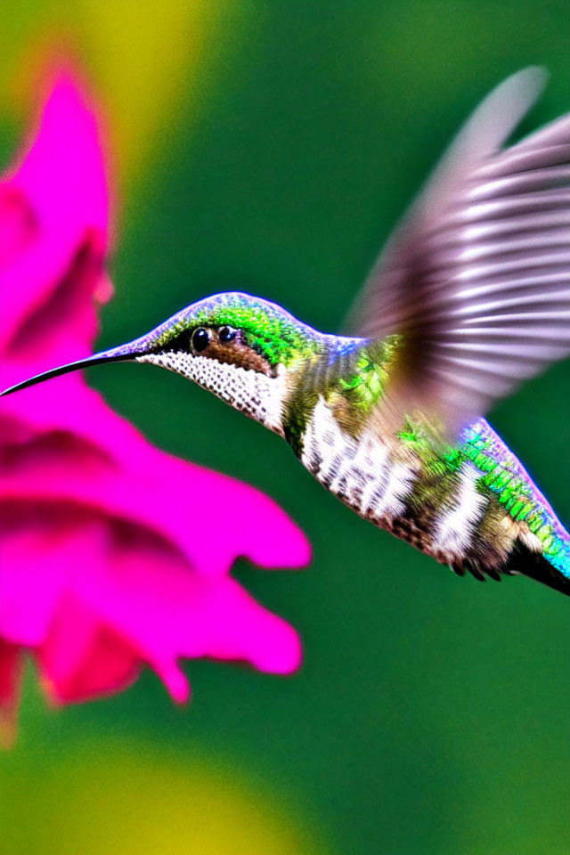 Iridescent green hummingbird in flight over pink flowers