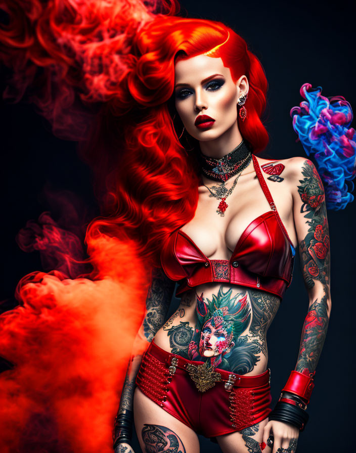 Vibrant red-haired woman with tattoos in red outfit and choker surrounded by colorful smoke