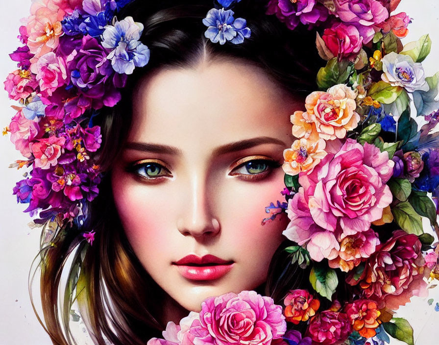 Vibrant floral wreath on woman's head in colorful illustration