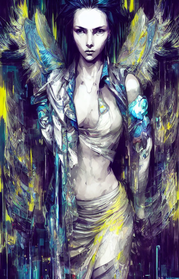 Dynamic artwork of fierce figure with wings in vibrant blues and yellows