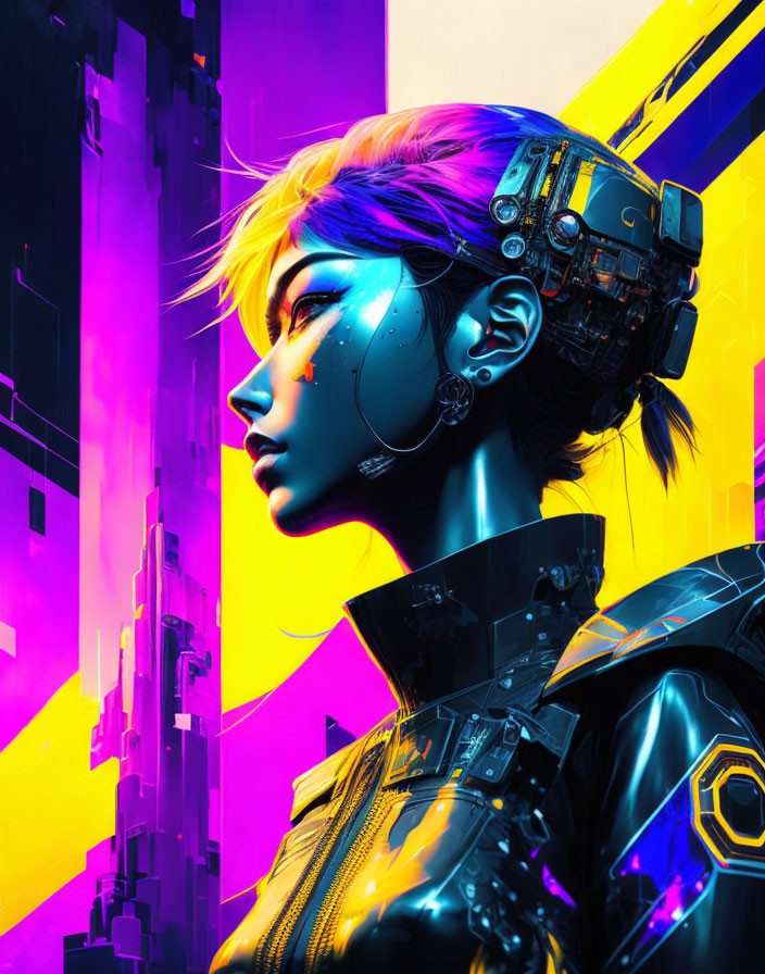 Futuristic cyborg woman with neon colors and mechanical headpiece